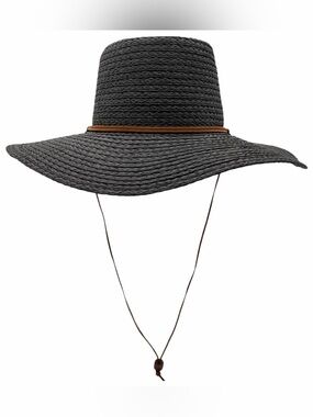 Black Wide Brim Straw Sun Hat with Brown Chin Cord